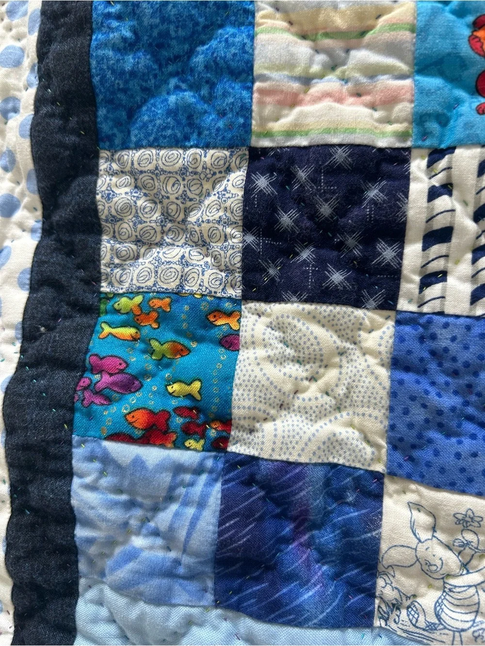 Hand stitched Blue Patchwork Baby Quilt. Size 37”x37”. Freshly laundered, ready